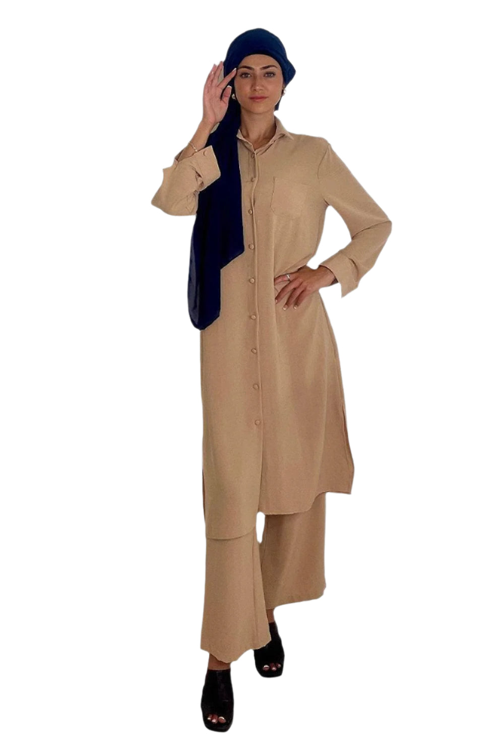 Classic Longline Button Down Shirt And Wide Leg Trousers Coord Set-SinglePrice