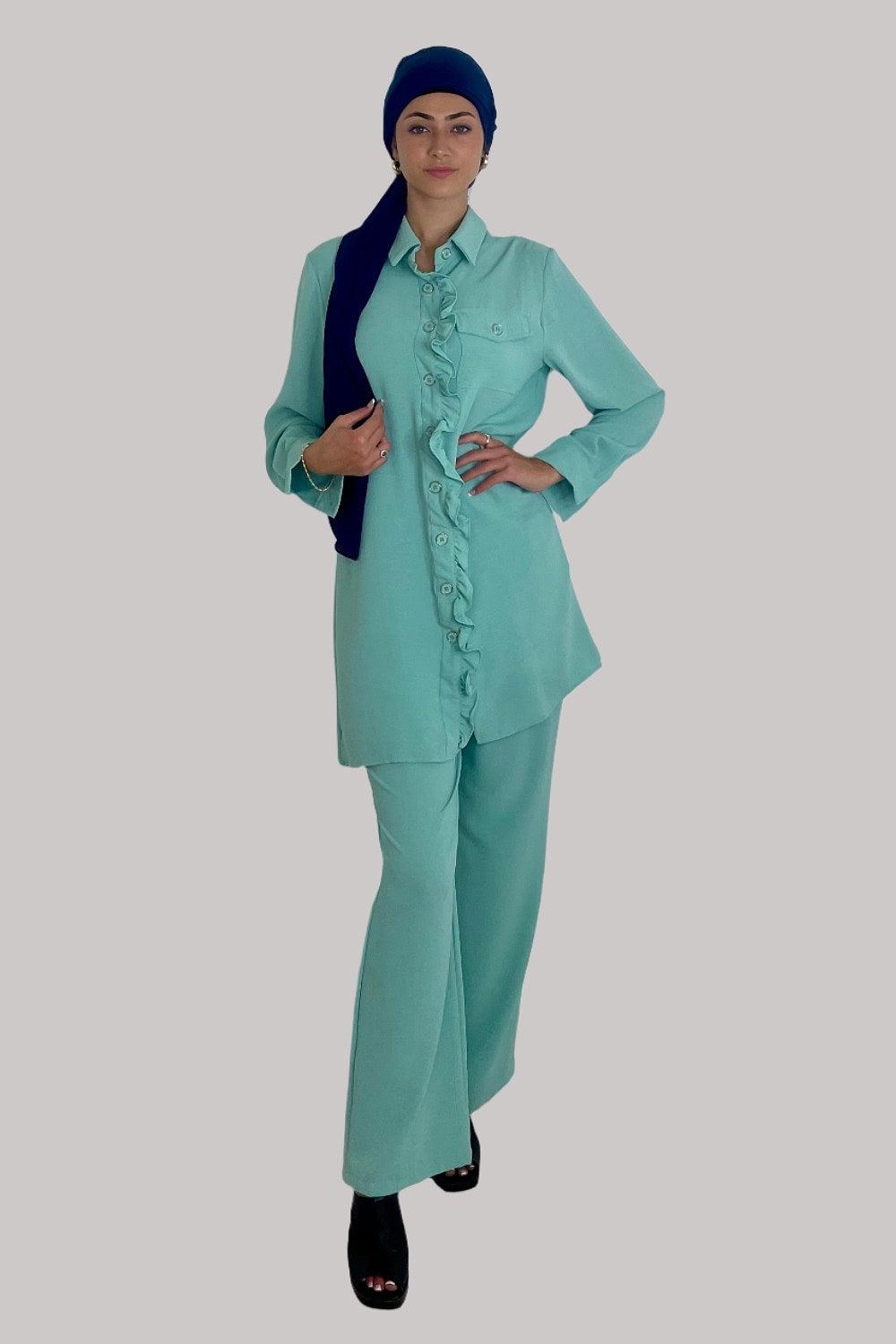 Frill Hem Blouse And Wide Leg Trousers Crinkled Coord Set-SinglePrice