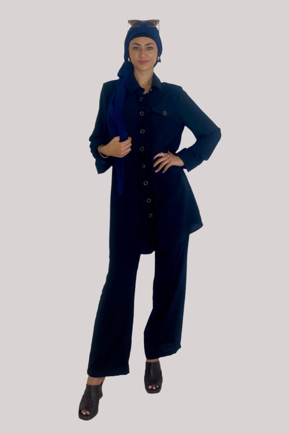 Frill Hem Blouse And Wide Leg Trousers Crinkled Coord Set-SinglePrice