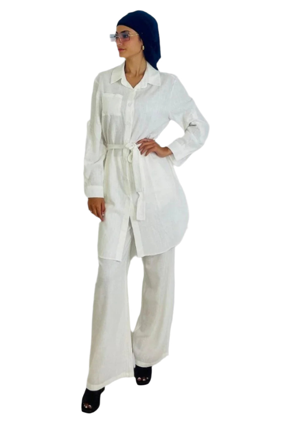 Modern Long Belted Shirt And Wide Leg Trousers Classic Modest Coord Set-SinglePrice