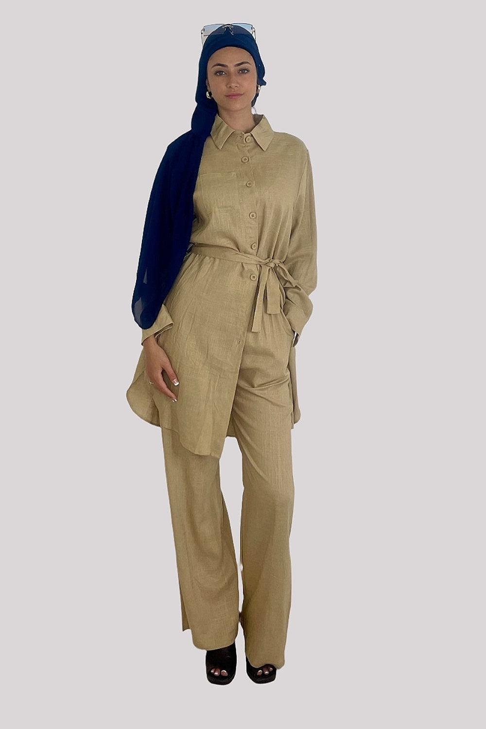 Modern Long Belted Shirt And Wide Leg Trousers Classic Modest Coord Set-SinglePrice