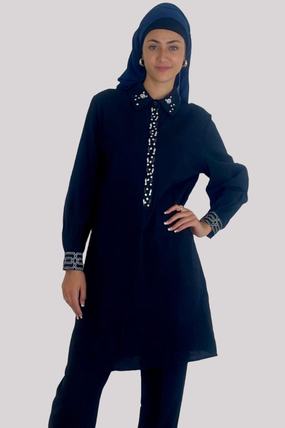 Embroidered Embellished Detail Kurta And Wide Leg Trousers Traditional Coord Set-SinglePrice