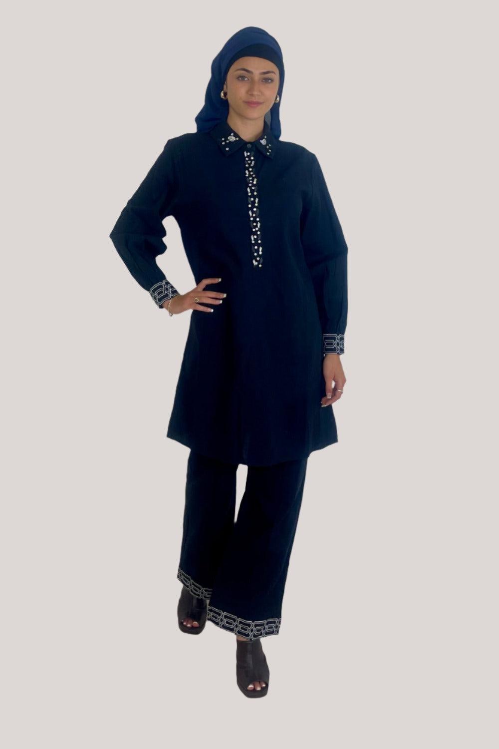 Embroidered Embellished Detail Kurta And Wide Leg Trousers Traditional Coord Set-SinglePrice