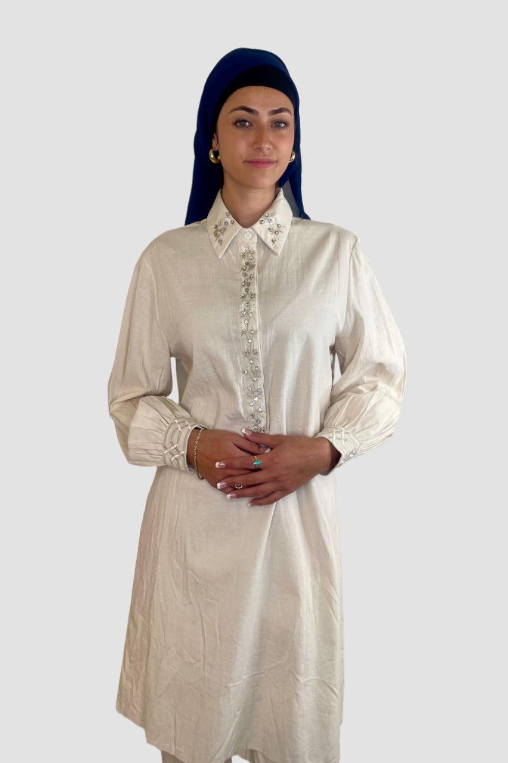 Embroidered Embellished Detail Kurta And Wide Leg Trousers Traditional Coord Set-SinglePrice