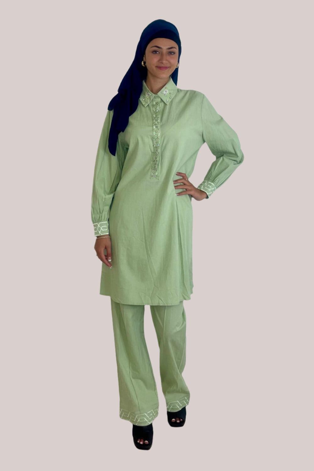 Embroidered Embellished Detail Kurta And Wide Leg Trousers Traditional Coord Set-SinglePrice