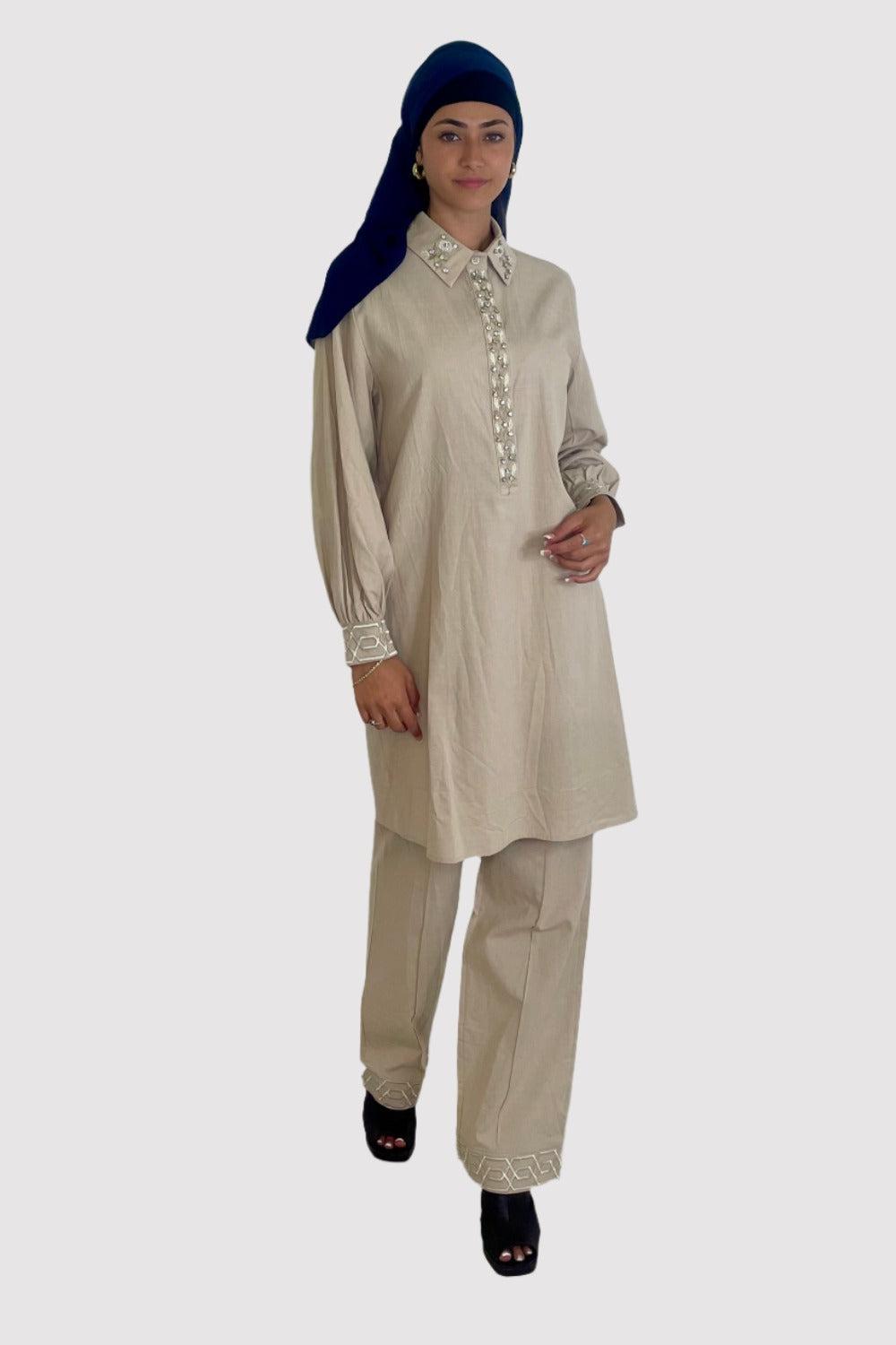 Embroidered Embellished Detail Kurta And Wide Leg Trousers Traditional Coord Set-SinglePrice