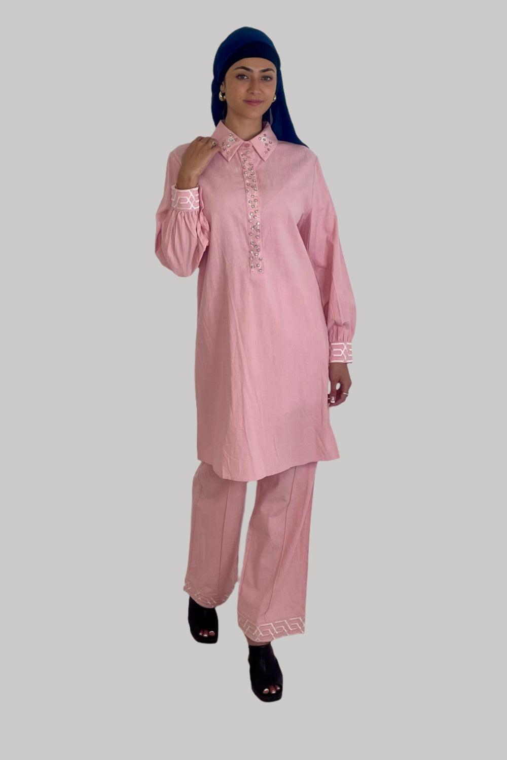 Embroidered Embellished Detail Kurta And Wide Leg Trousers Traditional Coord Set-SinglePrice