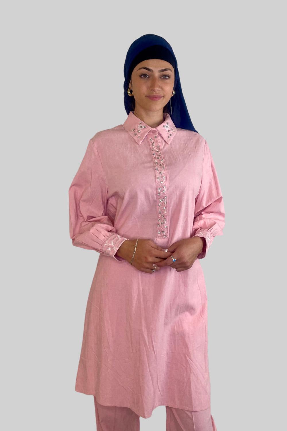 Embroidered Embellished Detail Kurta And Wide Leg Trousers Traditional Coord Set-SinglePrice