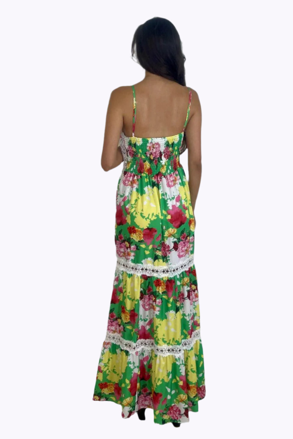Floral Print Lace Crocket Padded Strappy Side Slit Maxi Dress-SinglePrice