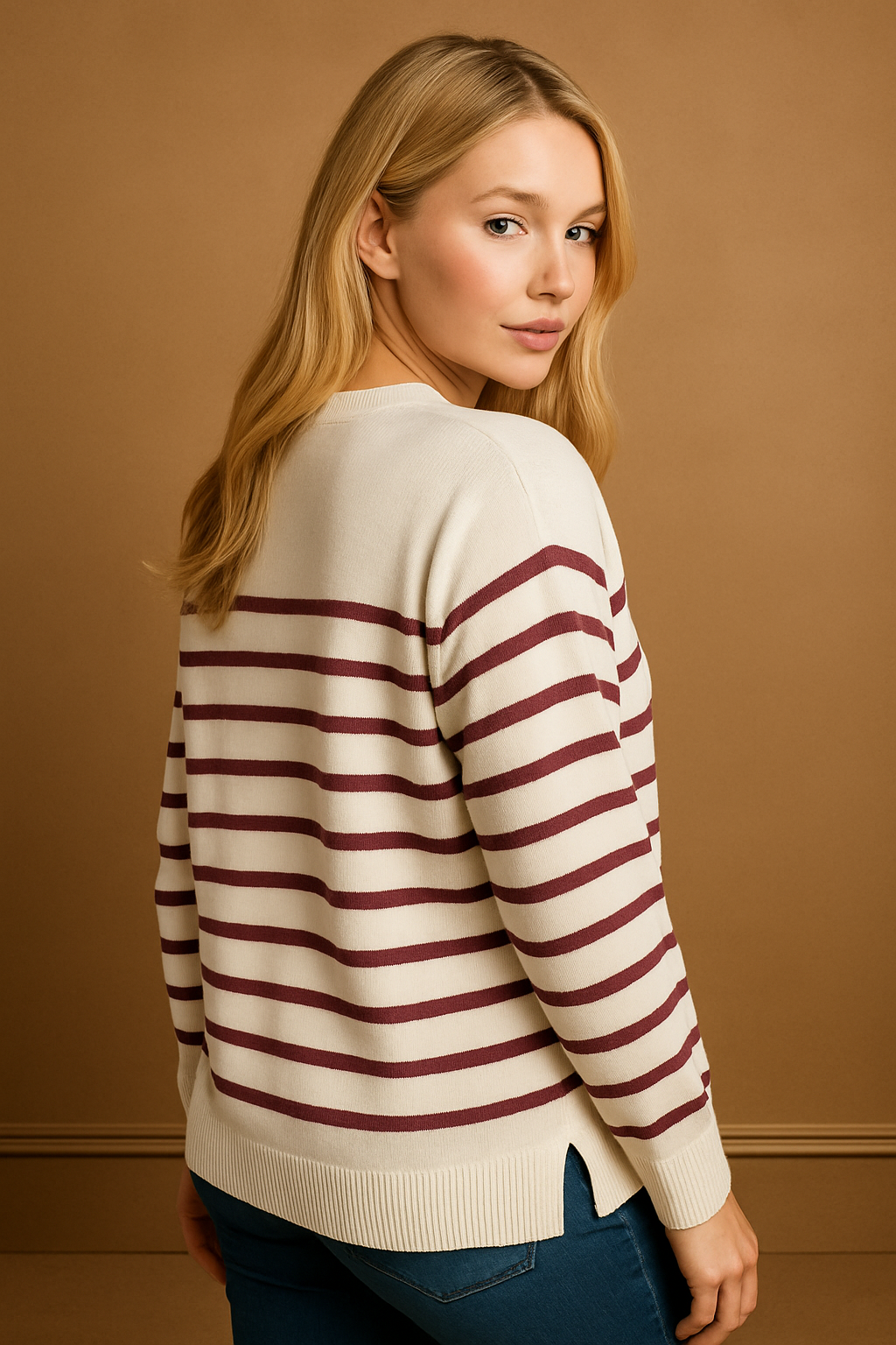 Half Striped Scoop Neck Pullover