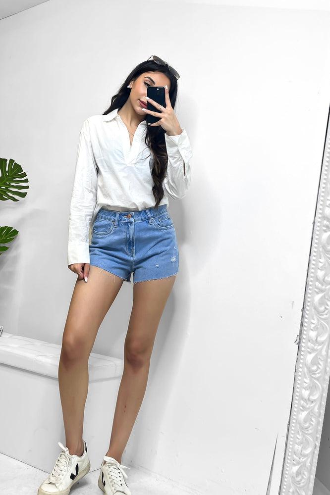 Distressed Light Blue Denim Shorts-SinglePrice