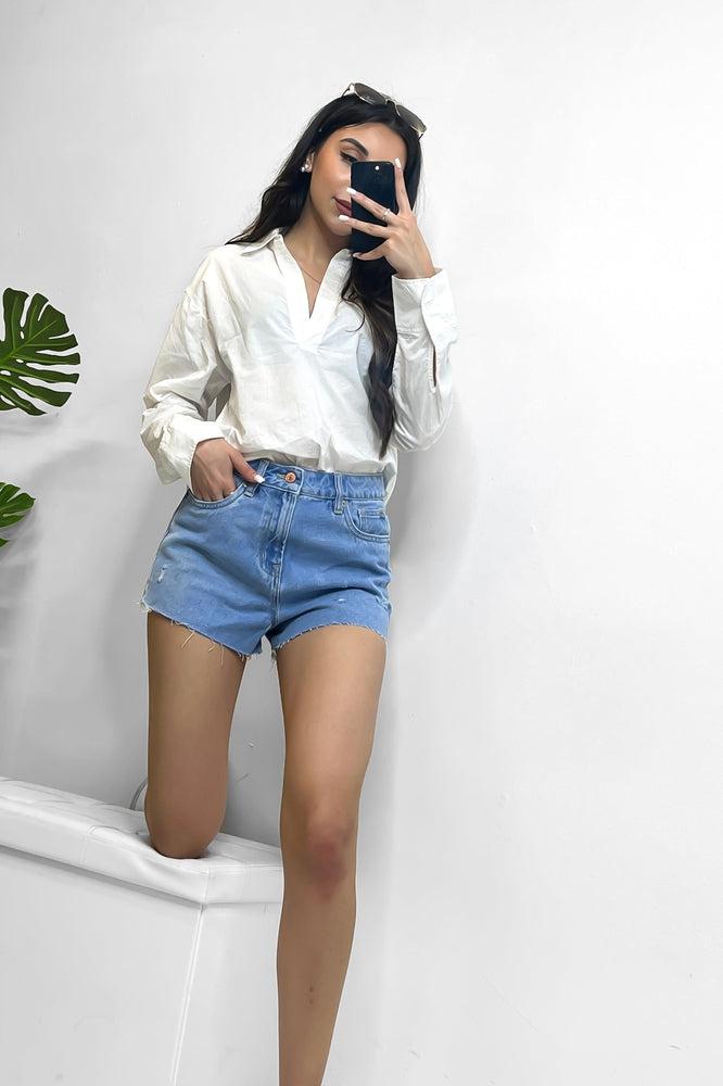 Distressed Light Blue Denim Shorts-SinglePrice