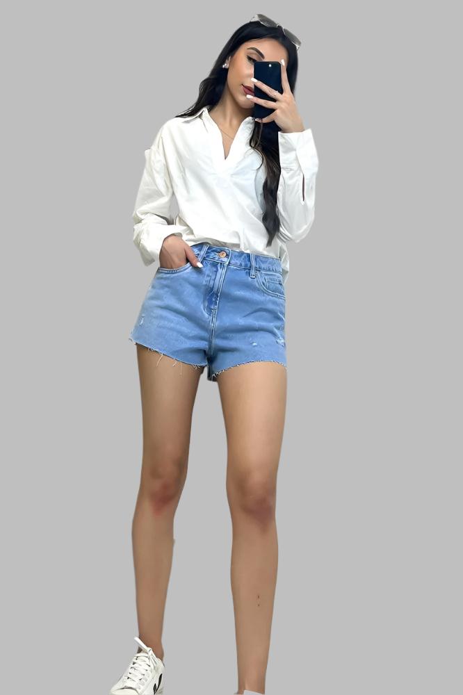 Distressed Light Blue Denim Shorts-SinglePrice