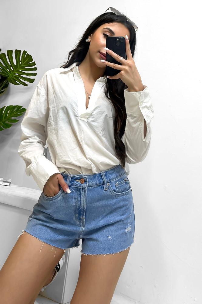 Distressed Light Blue Denim Shorts-SinglePrice