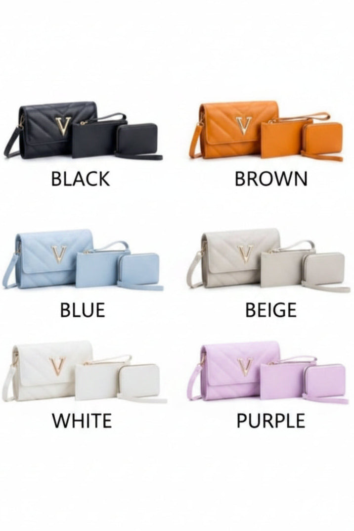 3-in-1 Quilted Crossbody Bag Set with V-Logo