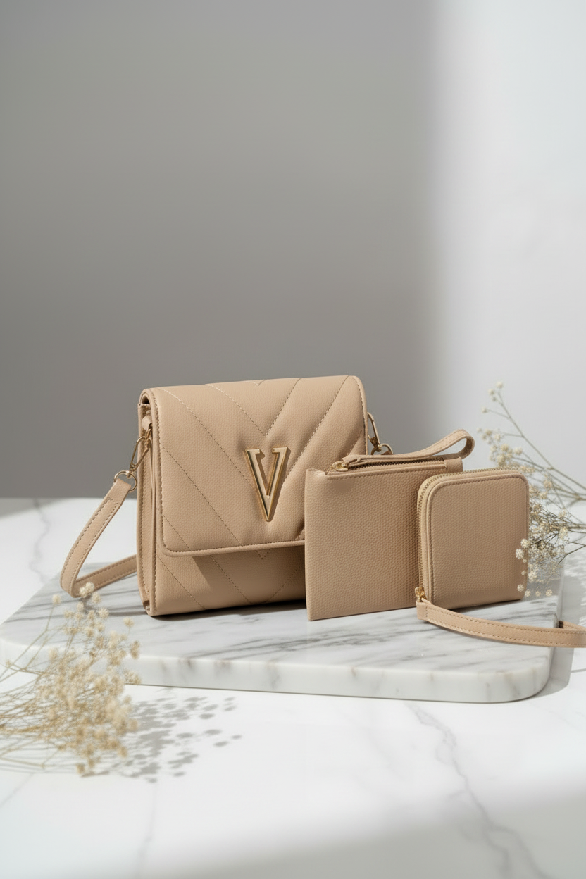 3-in-1 Quilted Crossbody Bag Set with V-Logo
