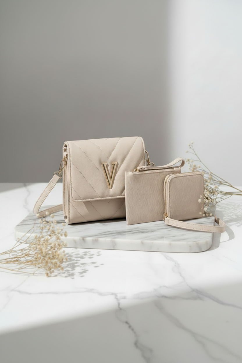 3-in-1 Quilted Crossbody Bag Set with V-Logo