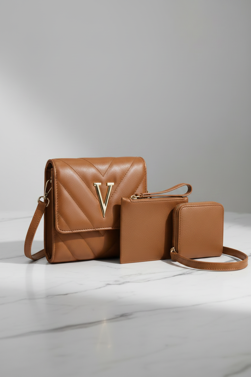 3-in-1 Quilted Crossbody Bag Set with V-Logo