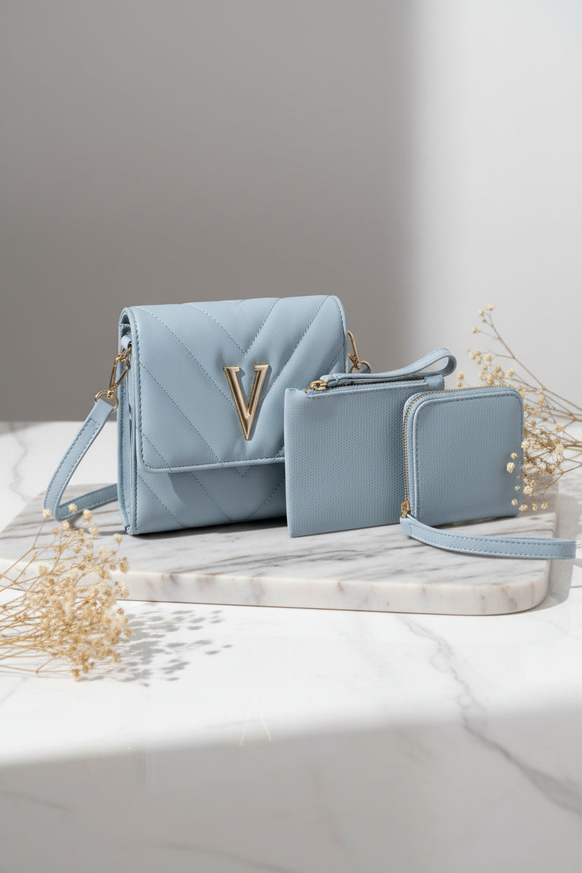 Wholesale Women's 3-in-1 Quilted Crossbody Bag Set with V-Logo (PACK OF 8)