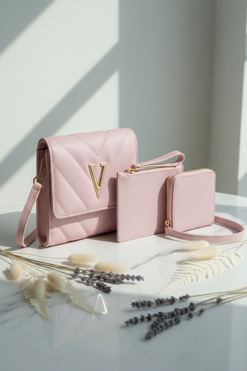 3-in-1 Quilted Crossbody Bag Set with V-Logo
