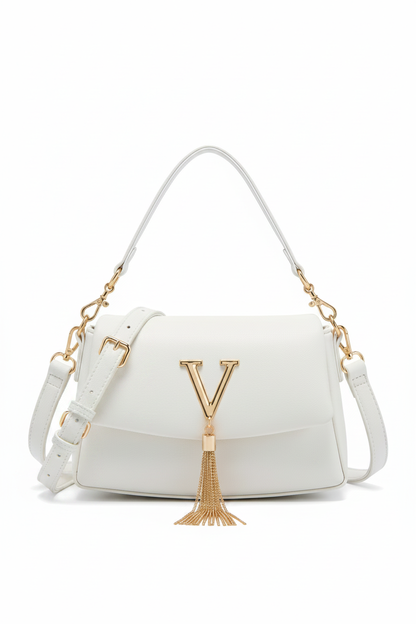 Elegant V-Logo Shoulder Bag with Tassel Accent