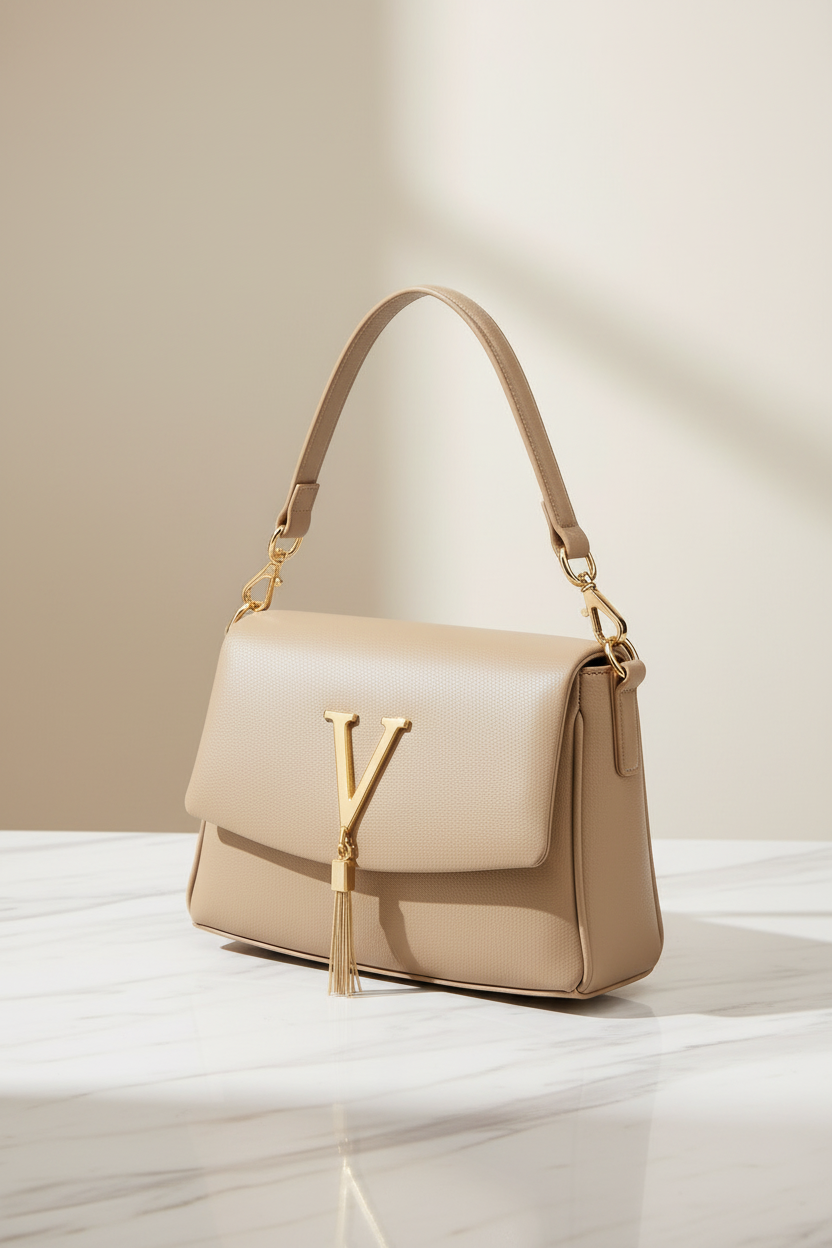 Elegant V-Logo Shoulder Bag with Tassel Accent