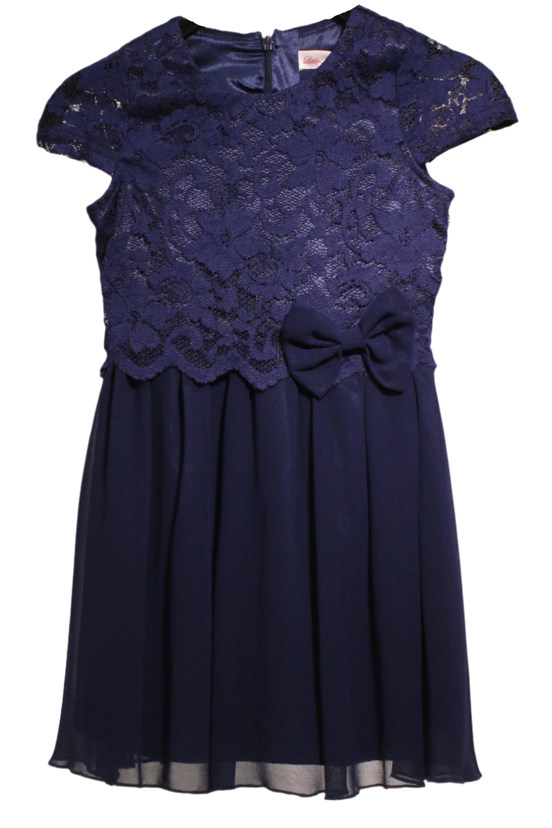 Navy Bow Detail Lace Chiffon Girls Occasion Dress