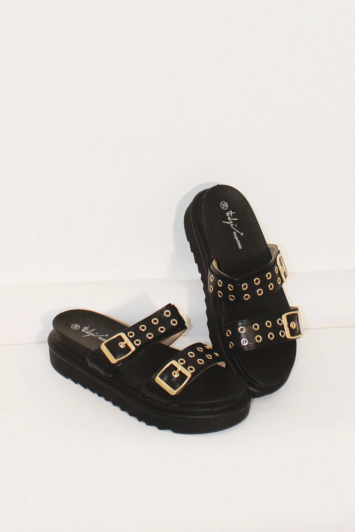 Wholesale Women's Vegan Leather Adjustable Buckle Chunky Slider Shoes (BOX OF 12)