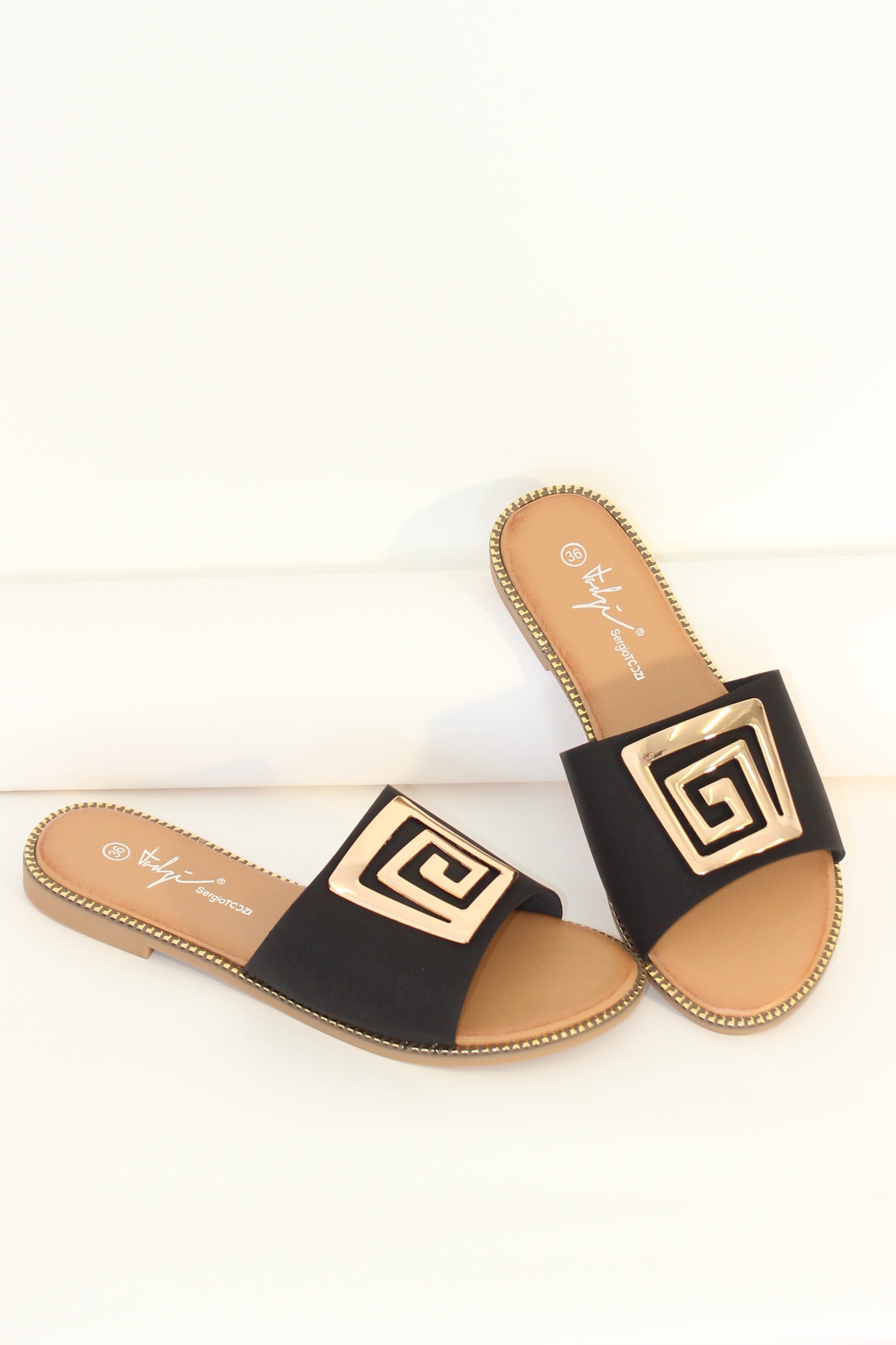 Wholesale Women's Elegant Metal Embossed Vegan Leather Sliders (BOX OF 12)