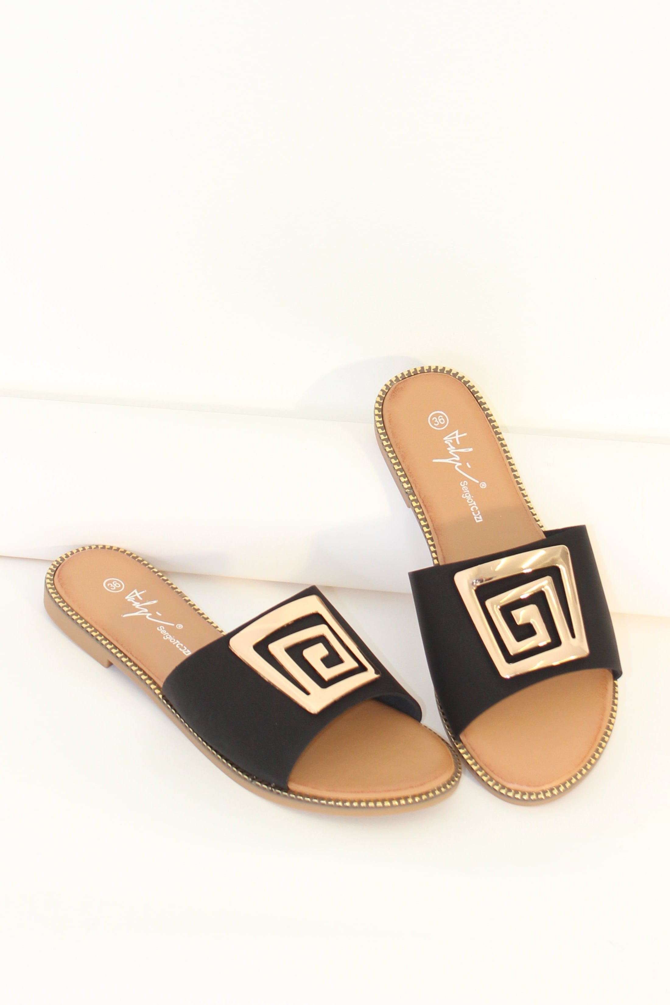 Wholesale Women's Elegant Metal Embossed Vegan Leather Sliders (BOX OF 12)
