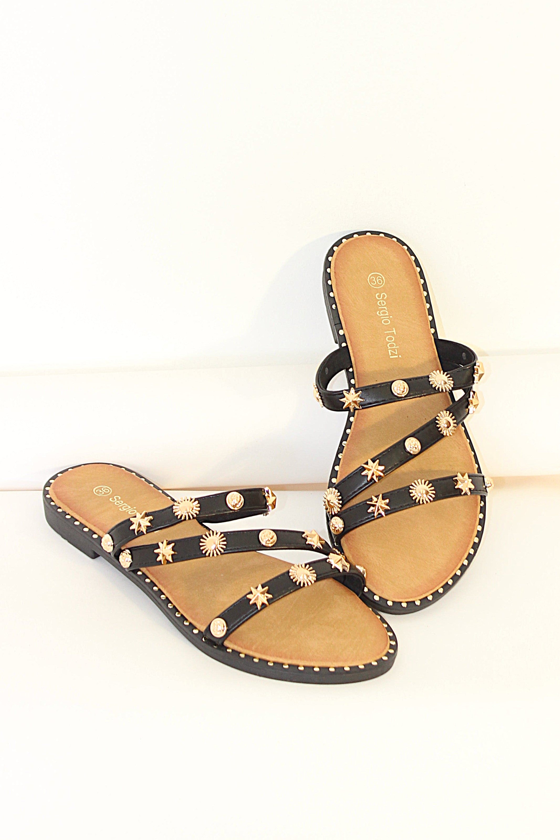 Wholesale Women's Metal Embossed Design Vegan Leather Sliders Shoes (BOX OF 12)