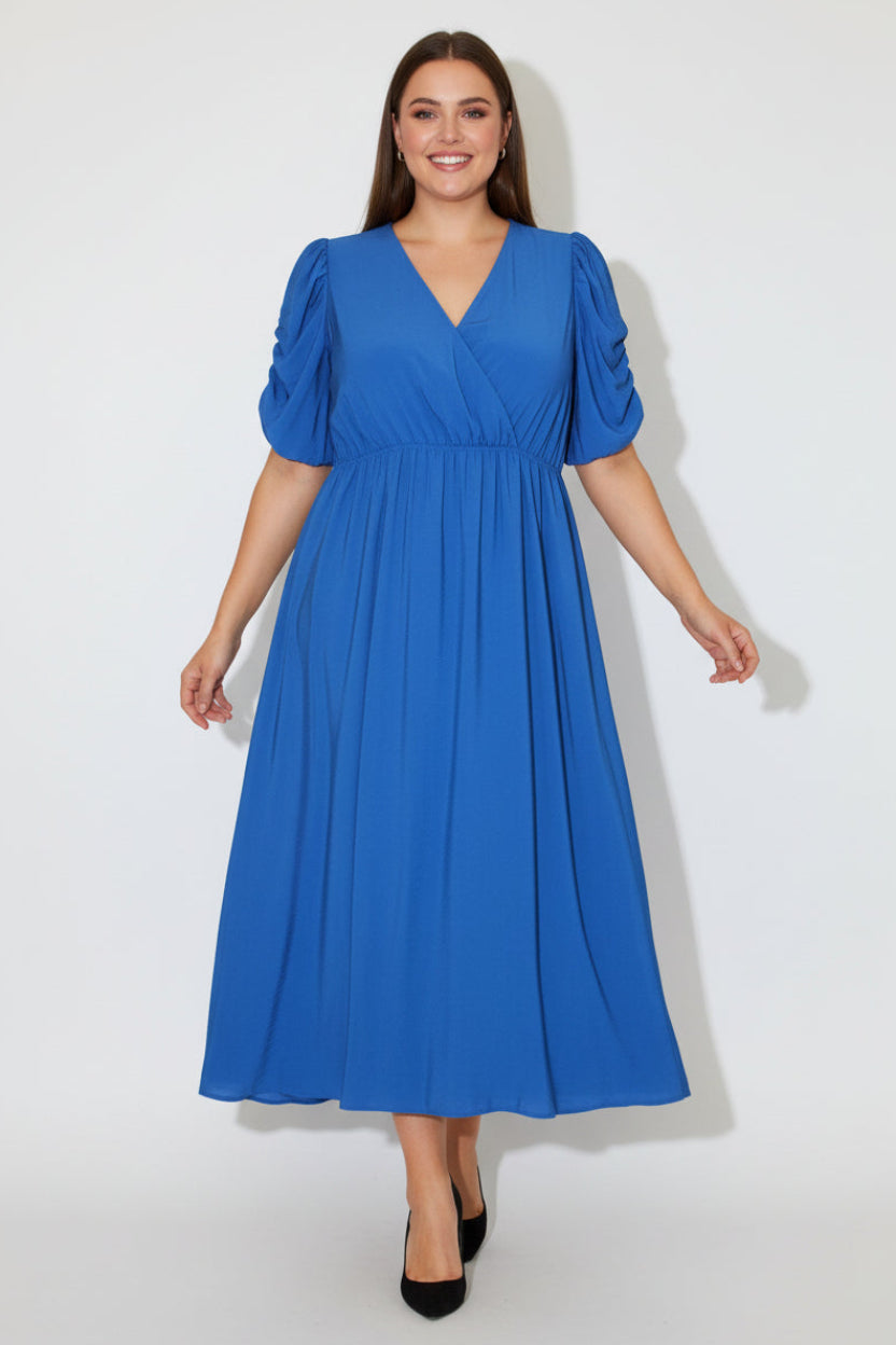Puff Short Sleeve V-Cut Long A-Line Viscose Blend Dress