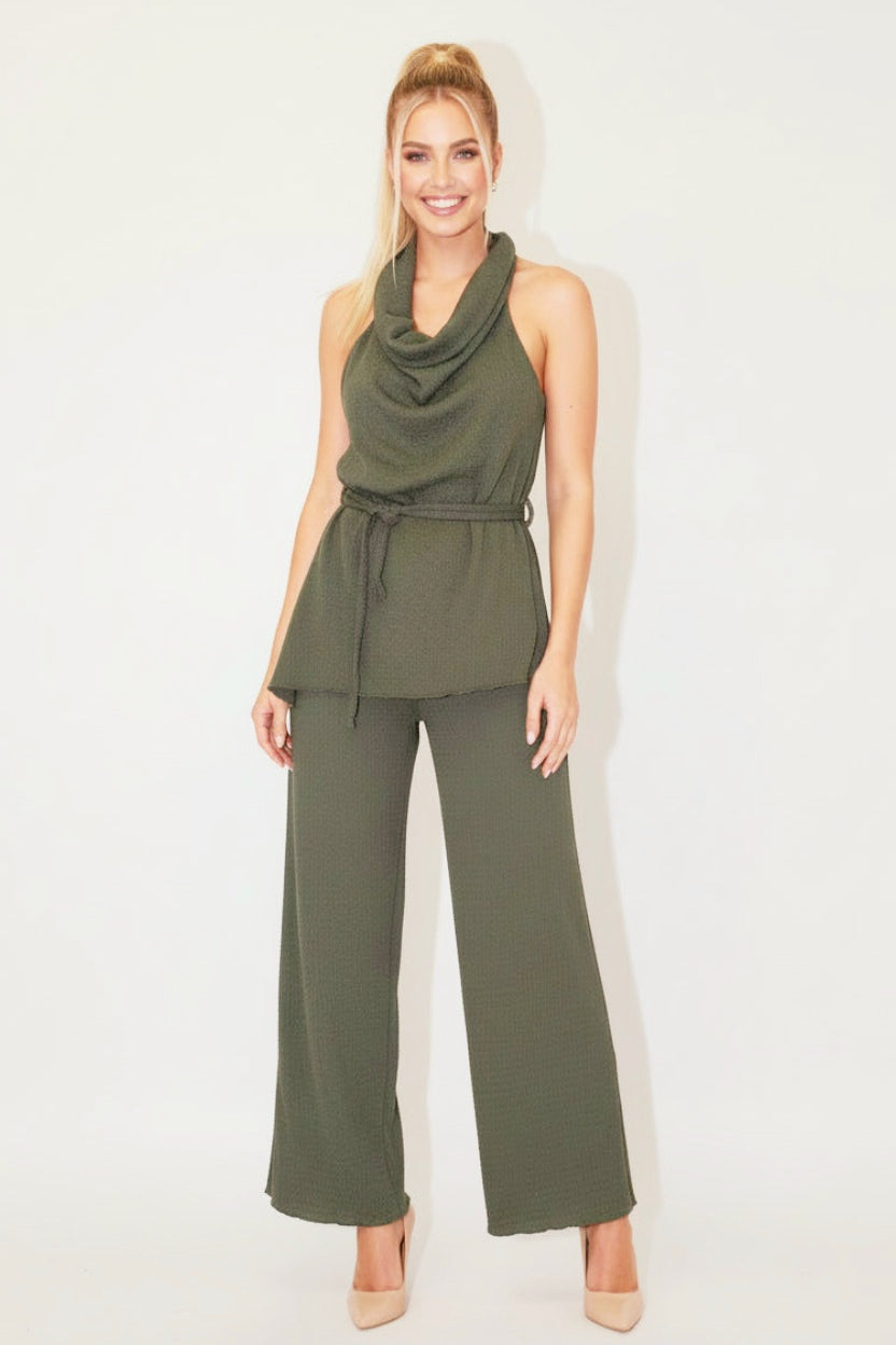 Halter Neck Tie Up Top And Wide Leg Trousers Textured Coord Set