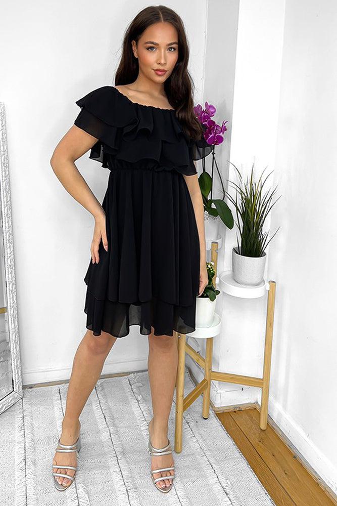 Double Frill Bardot Chiffon Dress-SinglePrice