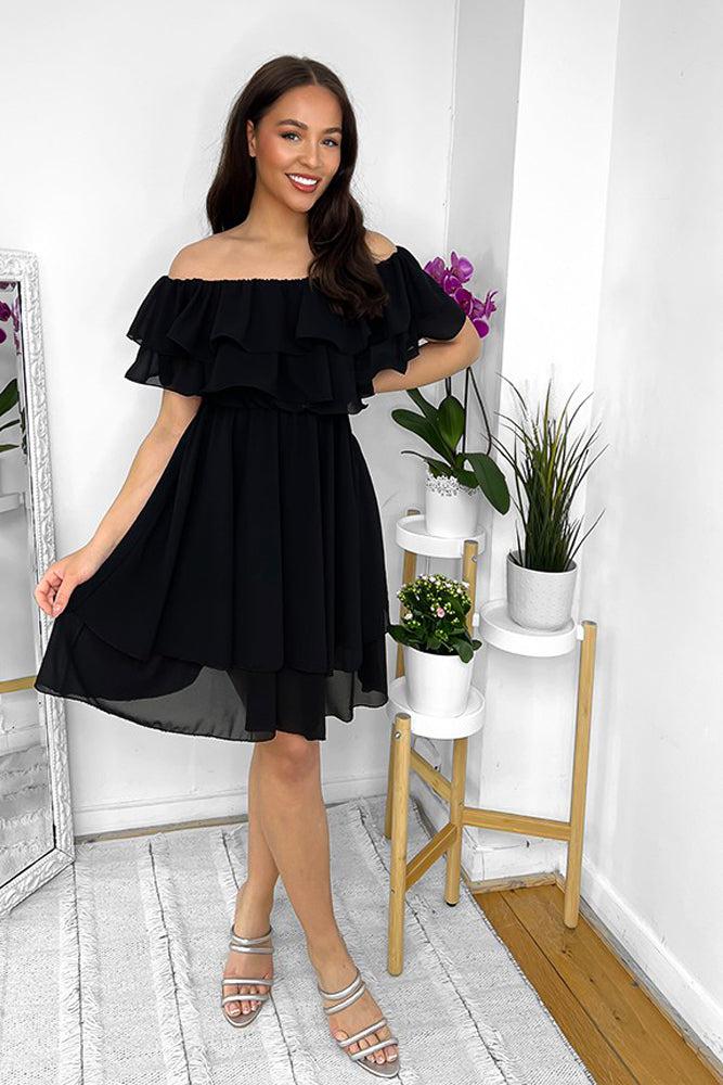 Double Frill Bardot Chiffon Dress-SinglePrice