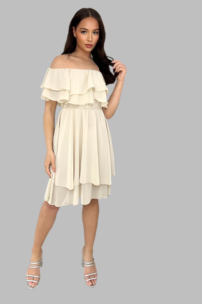 Double Frill Bardot Chiffon Dress-SinglePrice