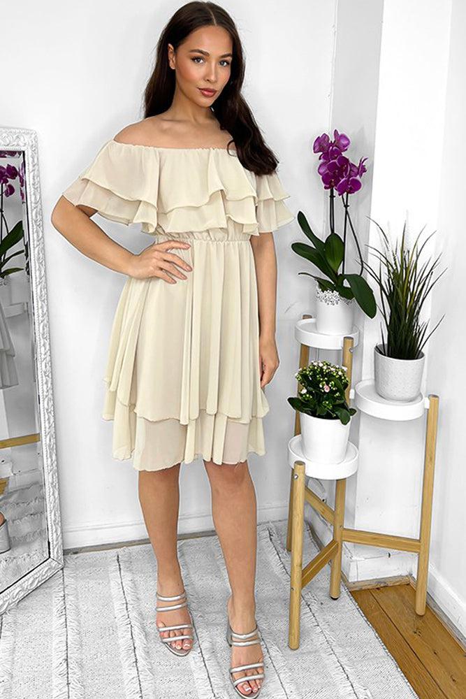 Double Frill Bardot Chiffon Dress-SinglePrice