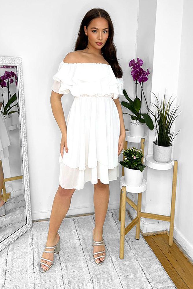 Double Frill Bardot Chiffon Dress-SinglePrice