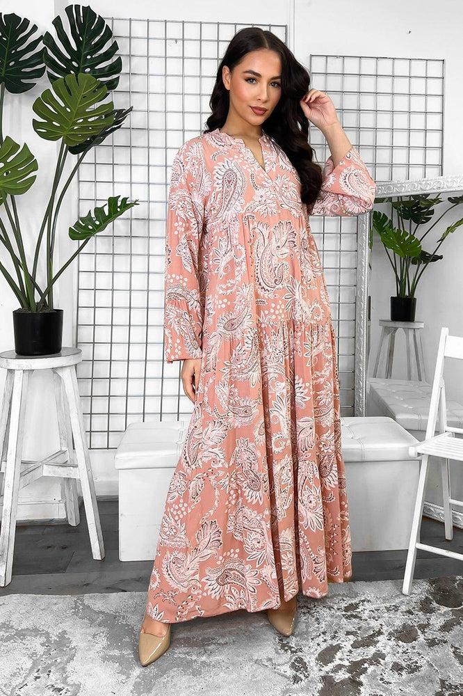 Pailey Print Grandad Collar Tiered Maxi Dress-SinglePrice