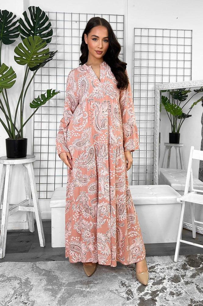 Pailey Print Grandad Collar Tiered Maxi Dress-SinglePrice