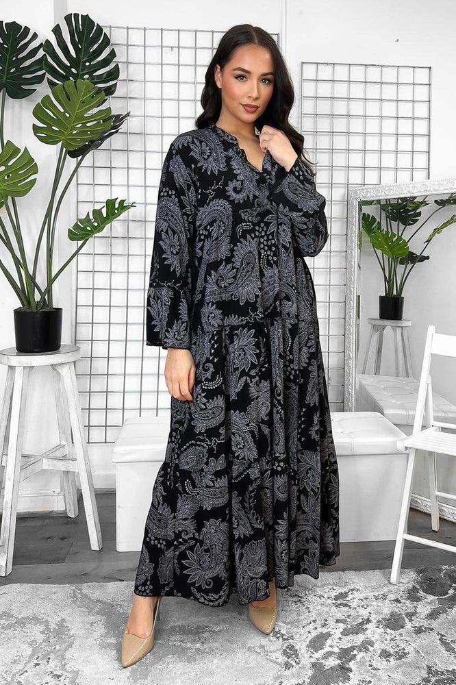 Pailey Print Grandad Collar Tiered Maxi Dress-SinglePrice