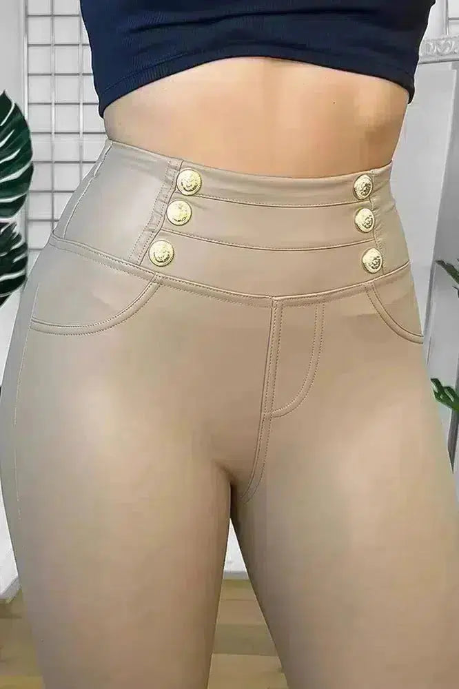 Beige Faux Leather Military Buttons Details High Waist Leggings-SinglePrice