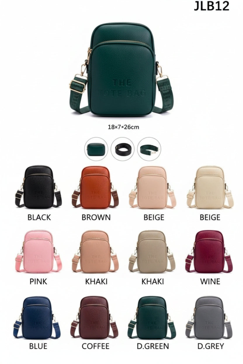 Collection of crossbody bags in various colors on a white background