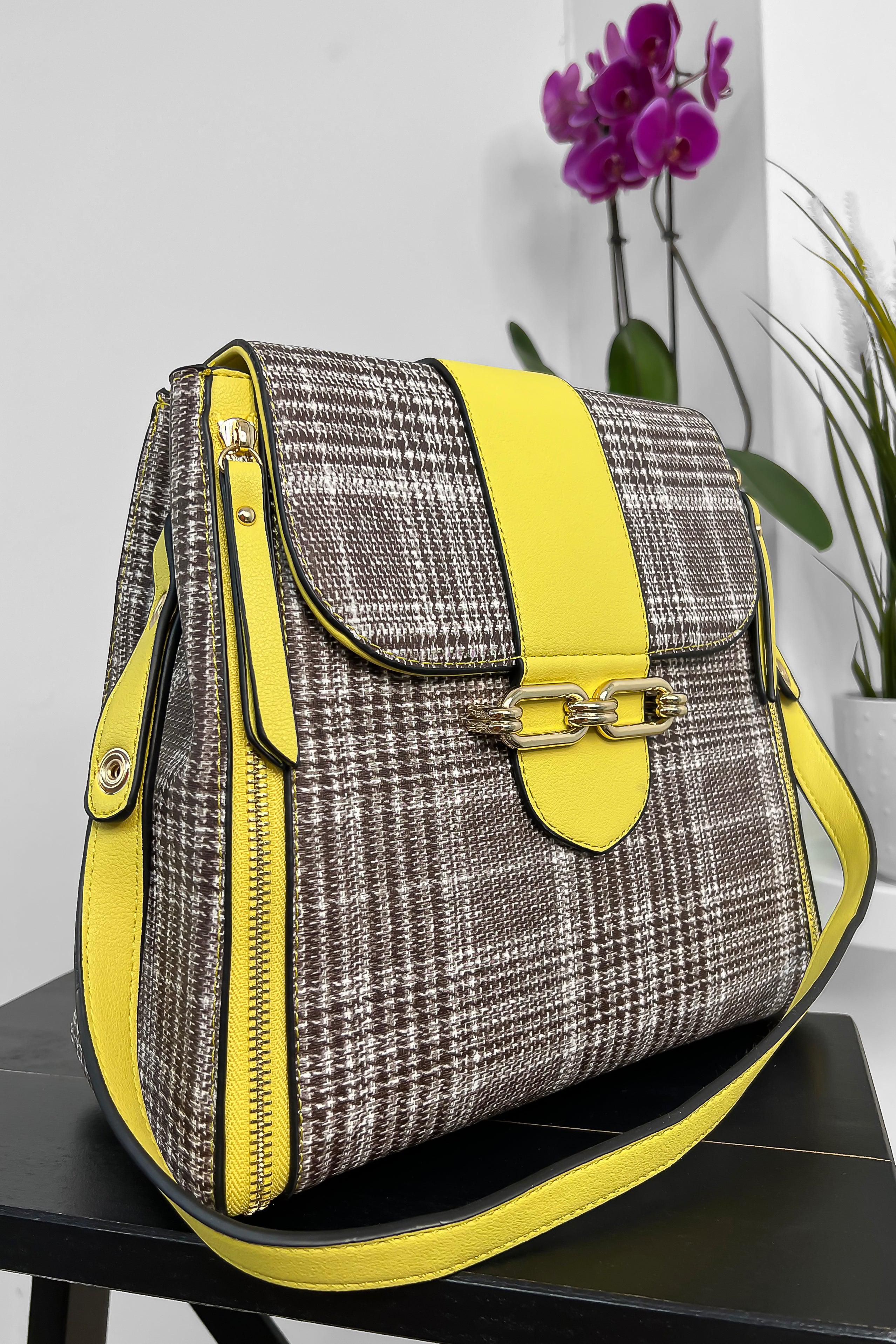 Monochrome Glen Pattern Yellow Details Satchel Handbag-SinglePrice