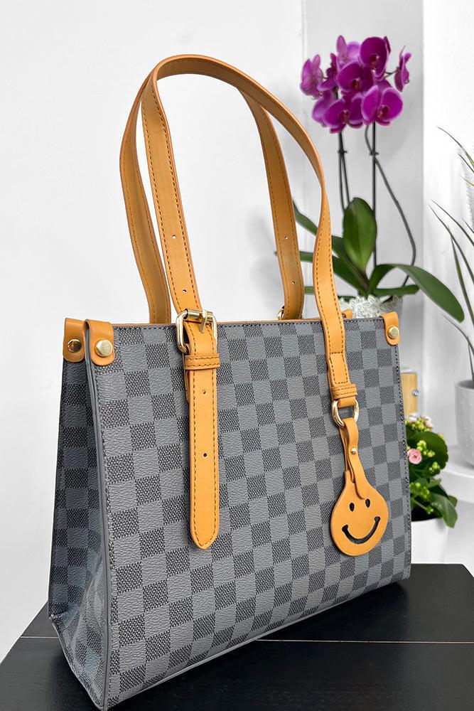 Checked Pattern Contrast Handles Tote Bag-SinglePrice