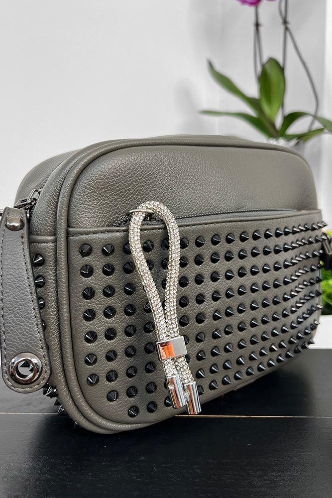 Dark Grey Spike Studs Embellished Oval Side Bag-SinglePrice
