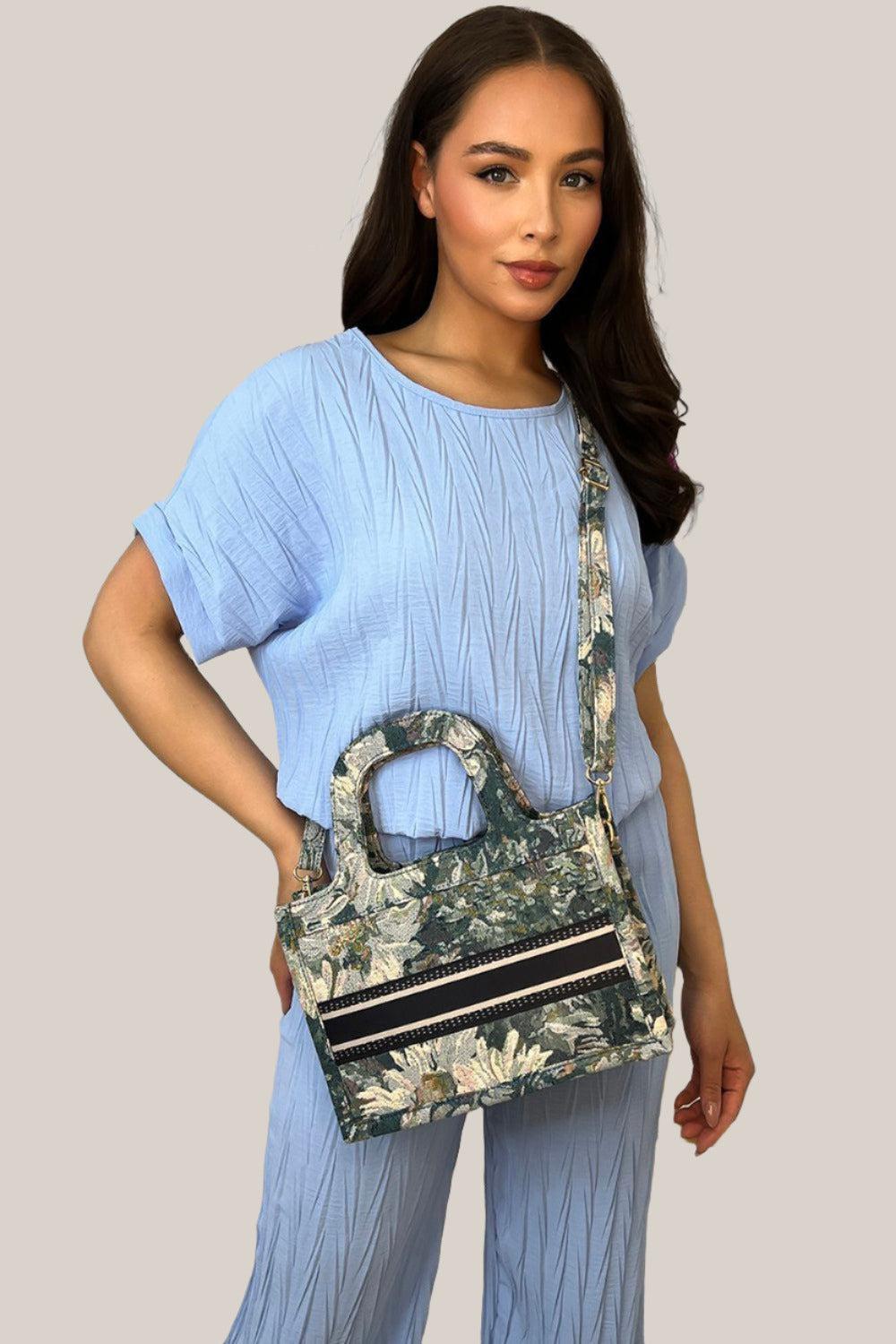 Floral Jacquard Hard Handles Handbag-SinglePrice