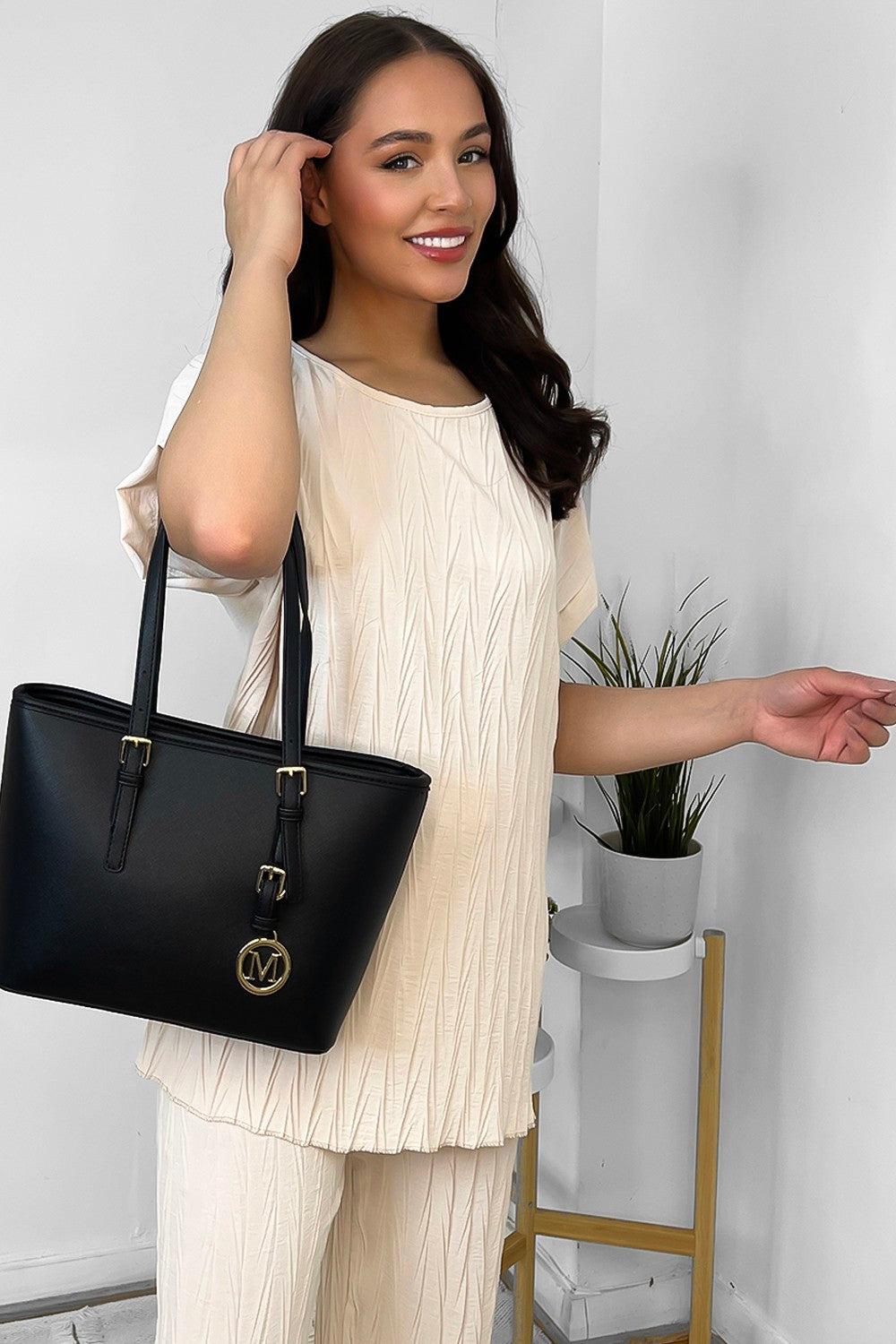 Black Vegan Leather Gold Charm Handbag-SinglePrice
