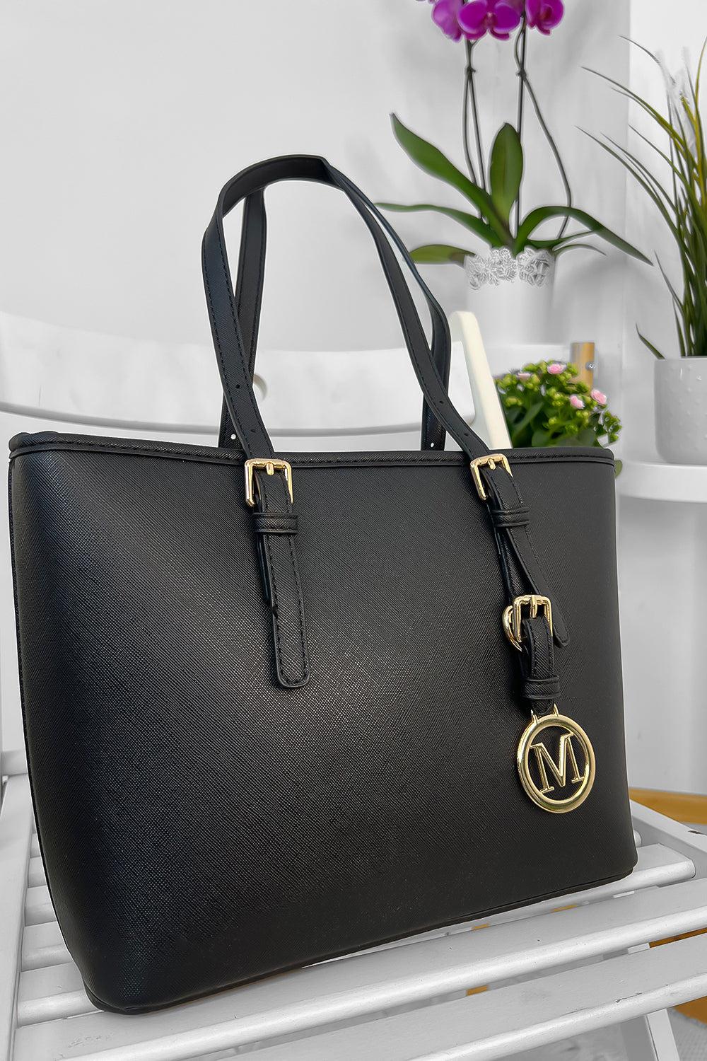 Black Vegan Leather Gold Charm Handbag-SinglePrice
