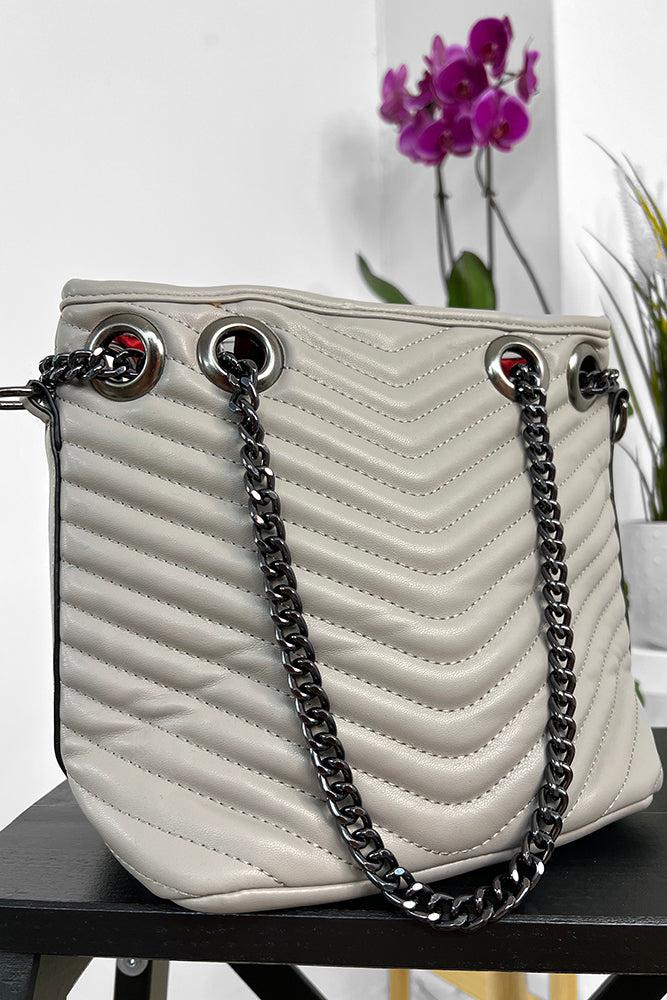 Chevron Quilt Dark Metal Chain Strap Bucket Handbag-SinglePrice